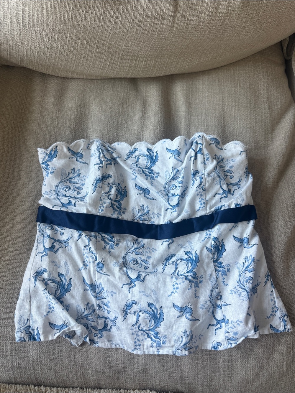 Reformation White Strapless A-Line Skirt with Blue Floral Print
